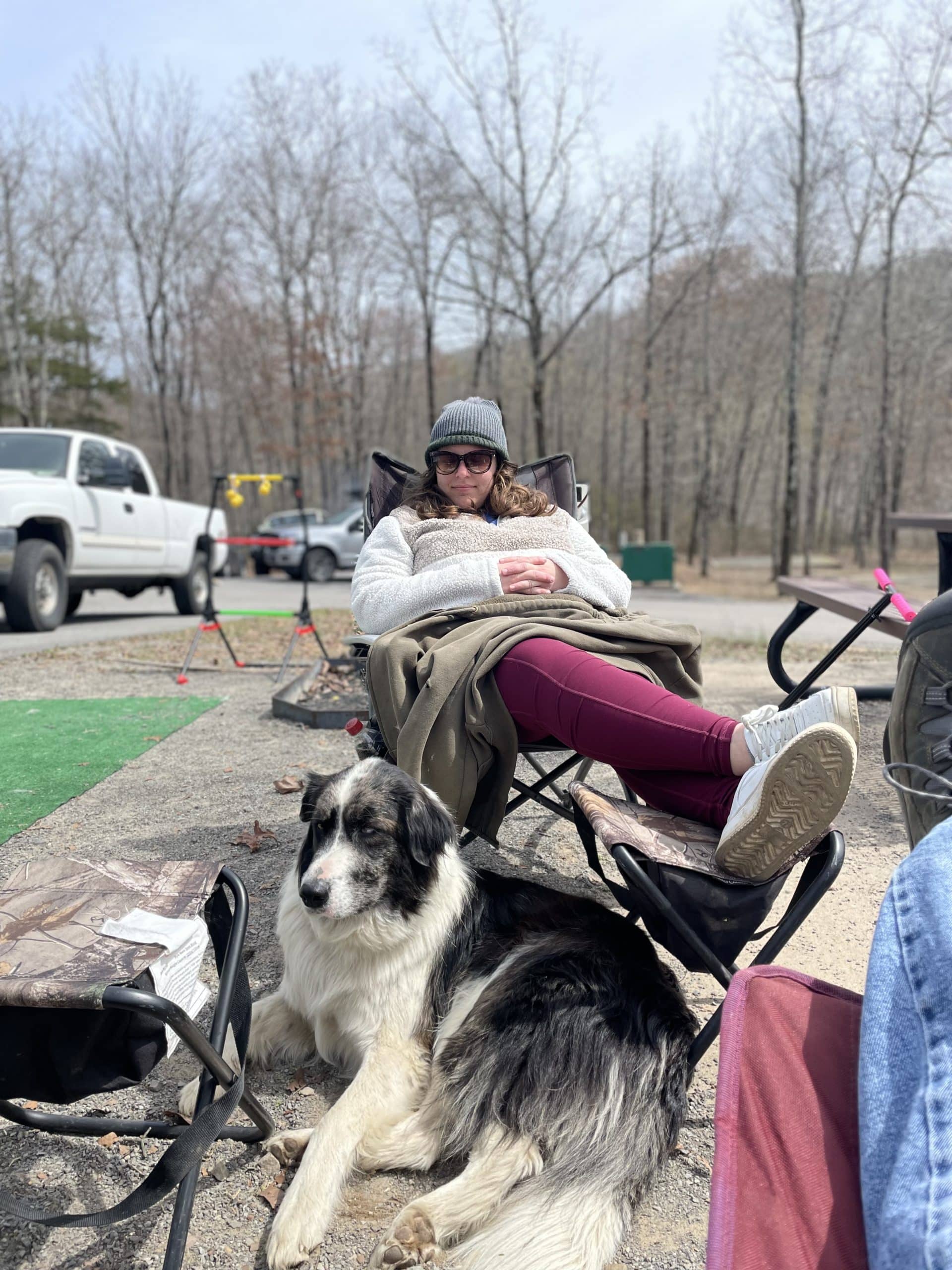 Dog and owner relaxing at campsite