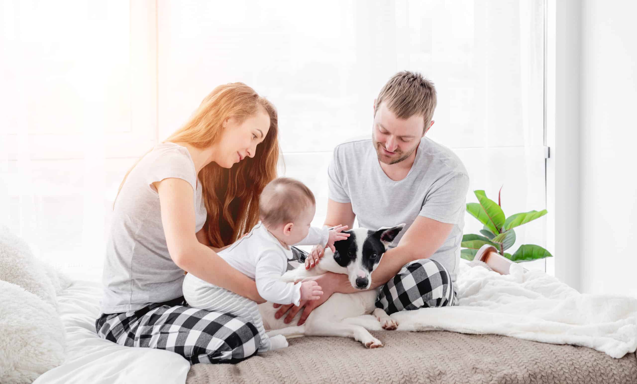 Family,With,Baby,Boy,Sitting,On,The,Bed,With,Cute