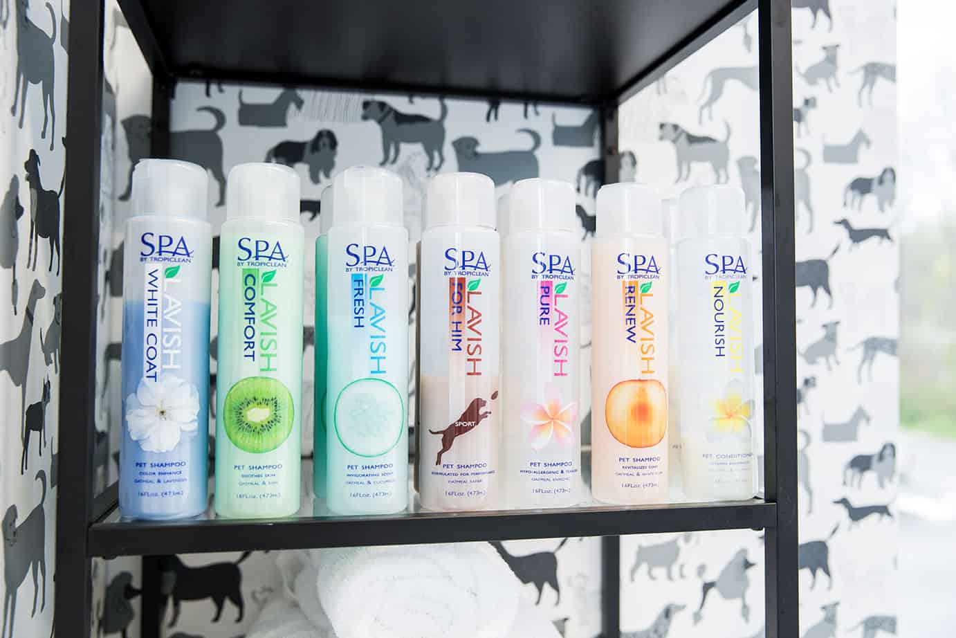 Photo of featured Dog shampoos and conditioners provided at Hounds Lounge for self wash station