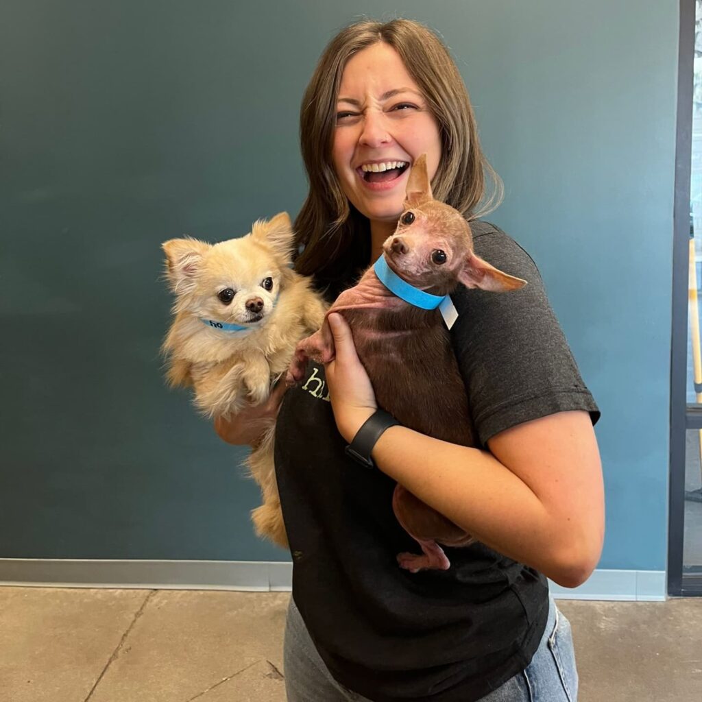 Happy Hounds Lounge staff holding two dogs